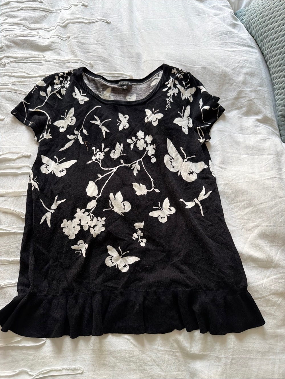 Talbots Black Tee with White Floral and Butterfly Print